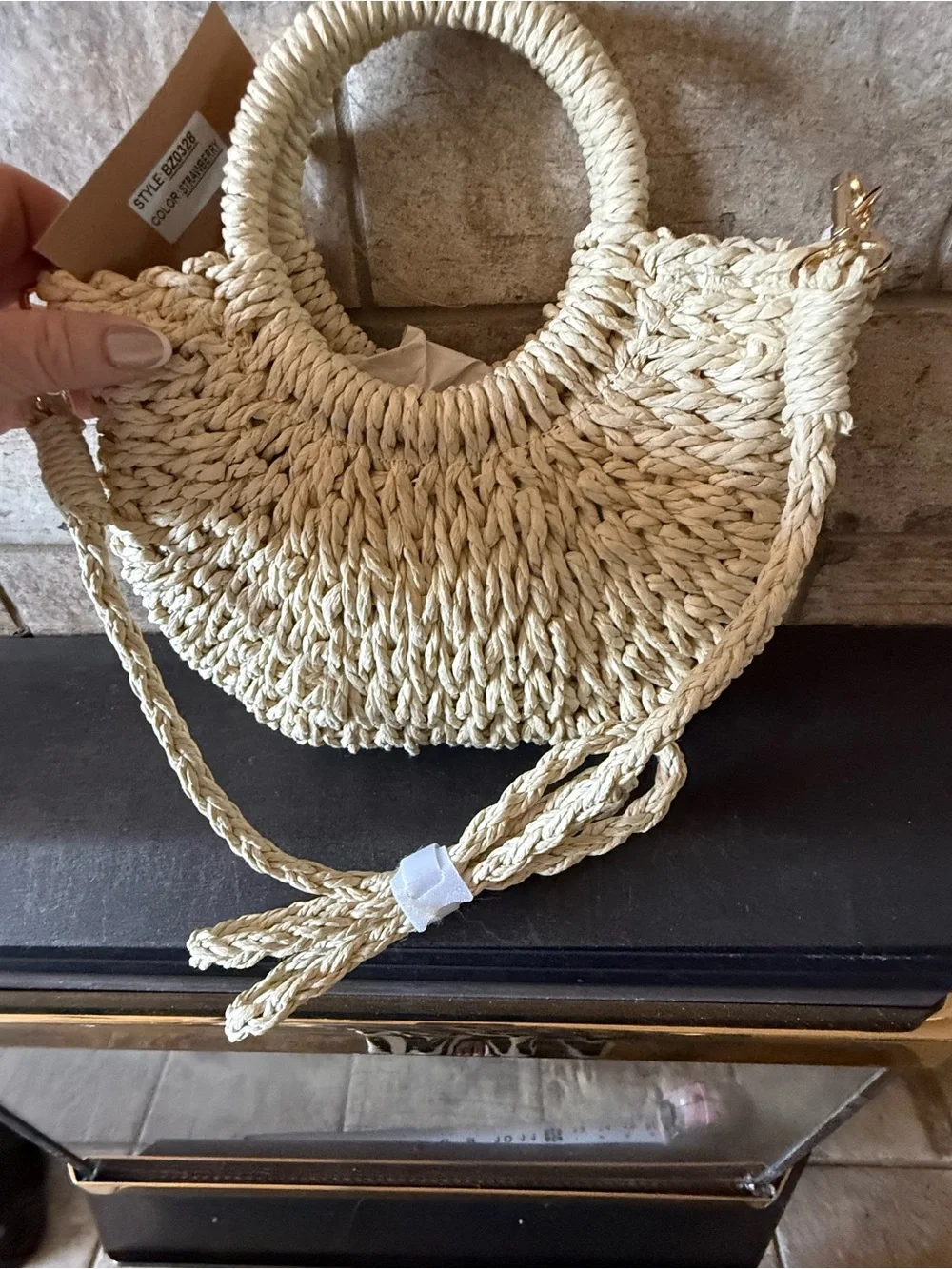 Savannah Cream Straw Tote with Red & Green Strawberry Accents - Picture 2 of 4